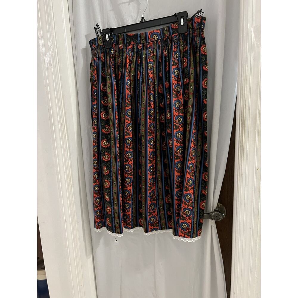 Original Alpen Trachten Black Green Red Floral Striped Dirndl Skirt Lace Trim 46